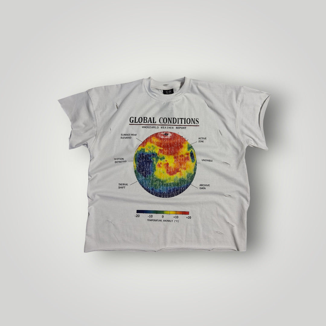 WholeWrldArchives white heavyweight cotton t-shirt with distressed details and a Global Conditions thermal map graphic.