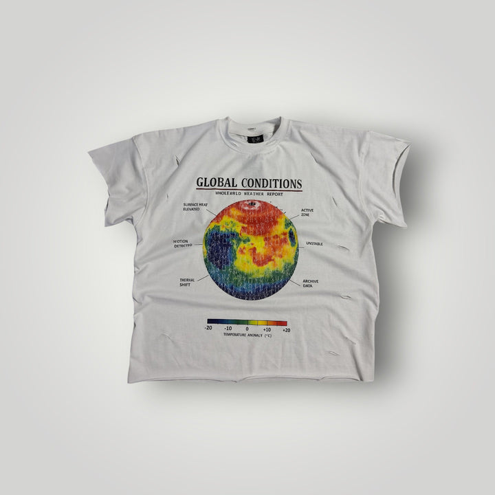 WholeWrldArchives white heavyweight cotton t-shirt with distressed details and a Global Conditions thermal map graphic.